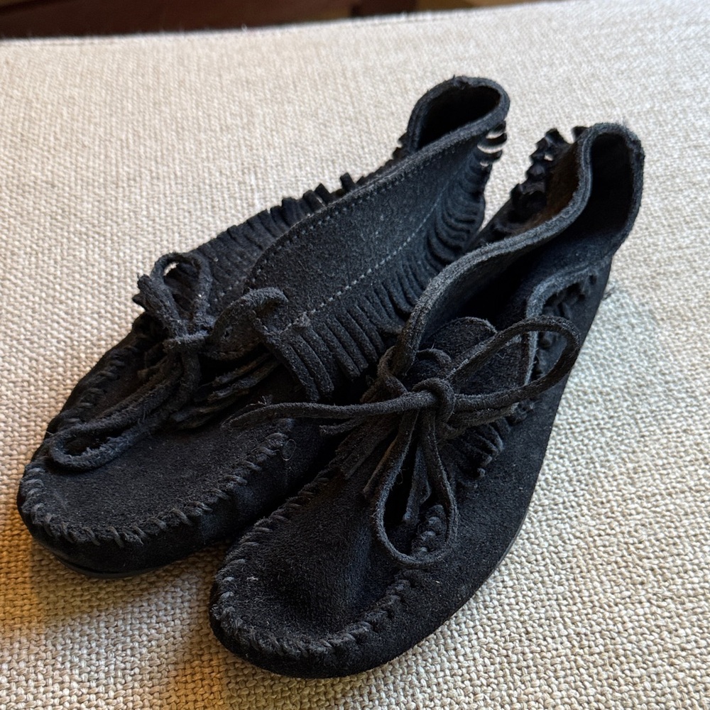 Minnetonka Black Suede Moccasins with Fringe Detail